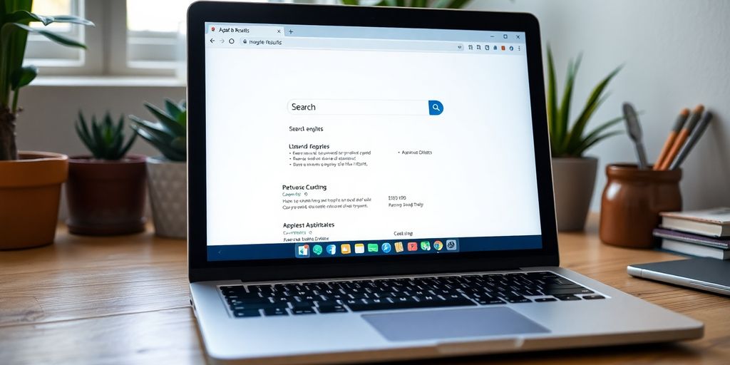 Laptop displaying search results in a cozy workspace.