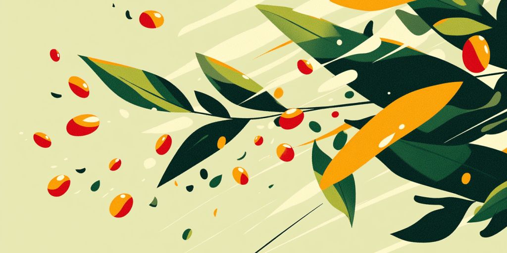 Vibrant illustration of leaves and fruits on a light background.