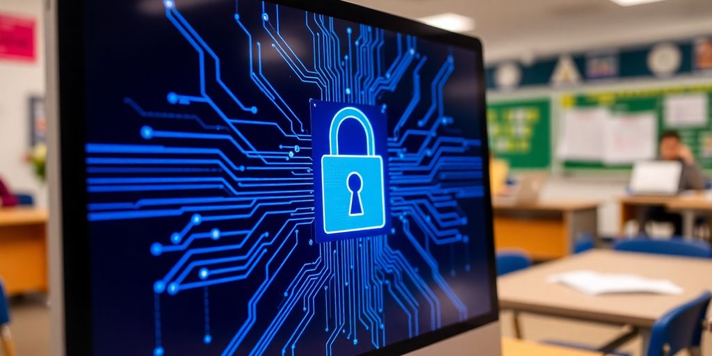 Computer screen with digital padlock in educational setting.