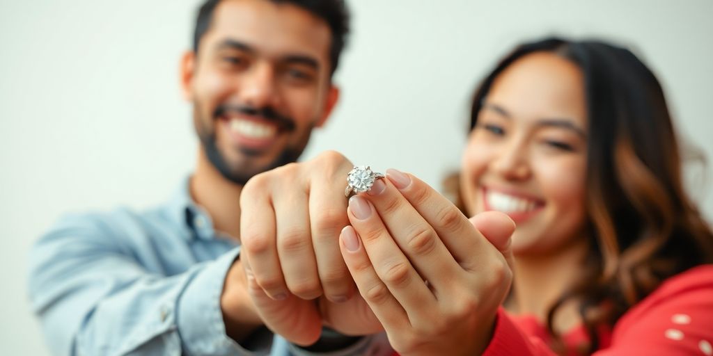 Couple holding hands with engagement ring, smiling happily.