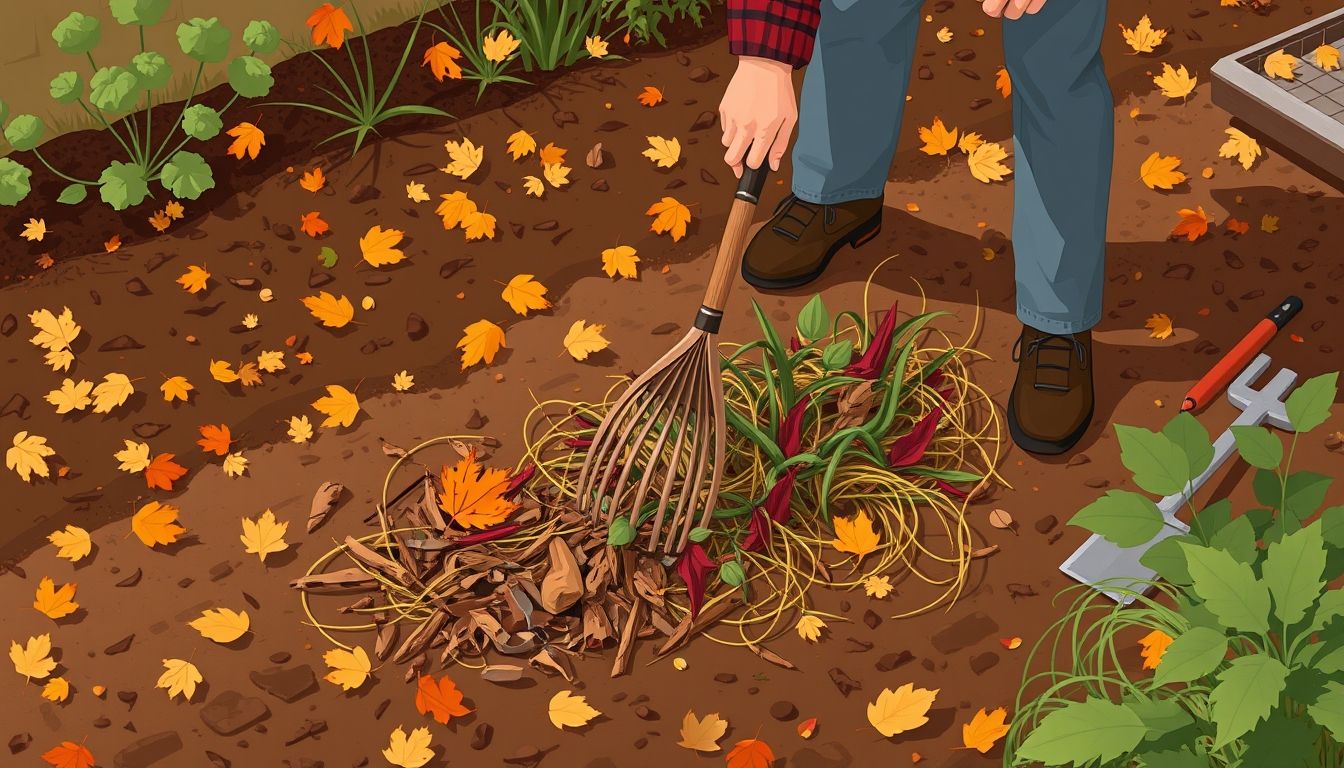 Person removing weeds and debris from garden bed