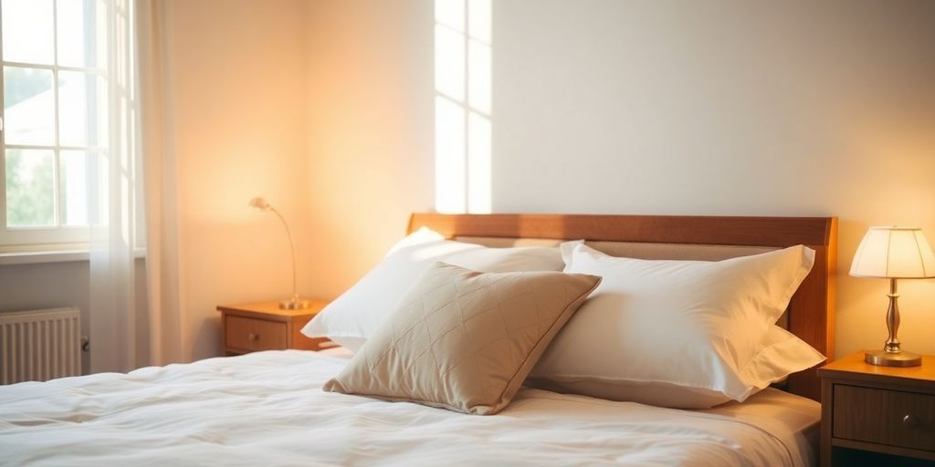 Cozy bedroom with soft lighting and comfortable bedding.
