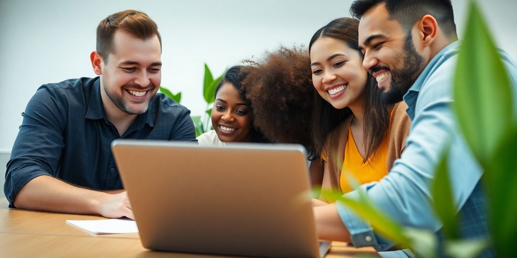 Diverse group collaborating on laptop, vibrant green plant.