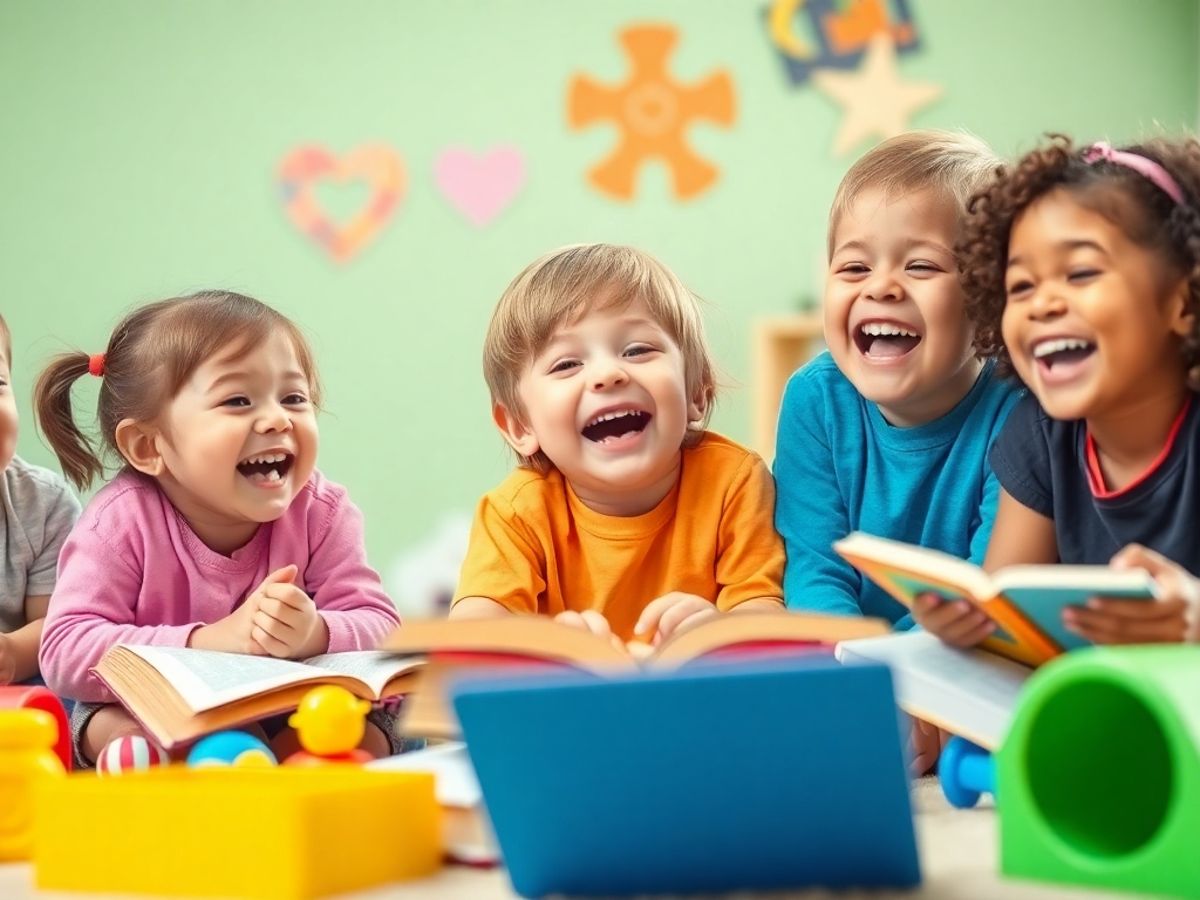 Copii râzând și jucându-se în natură.