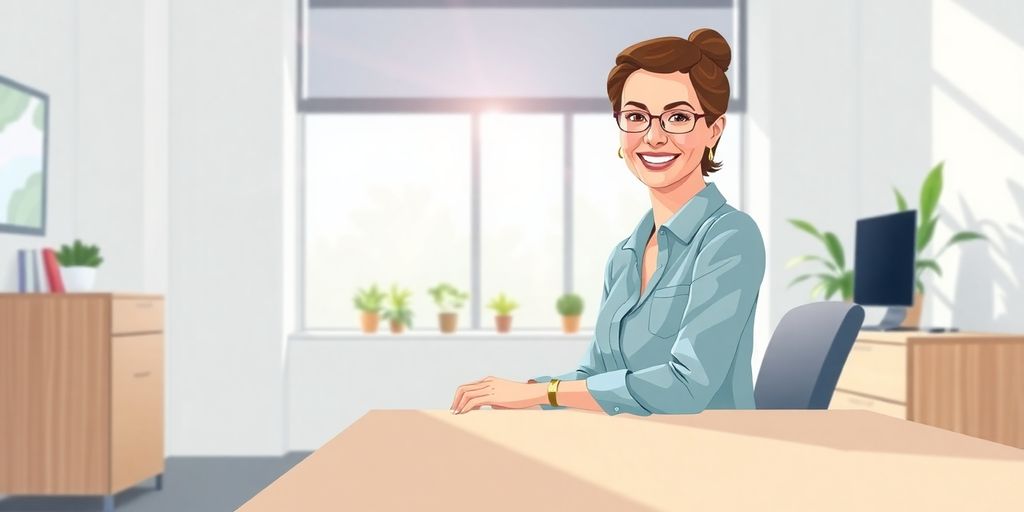 Woman in a well-lit modern office, smiling confidently.