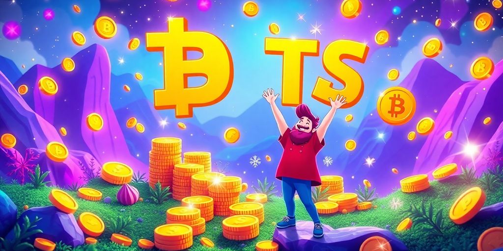 Colorful coins and characters celebrating crypto incentives.