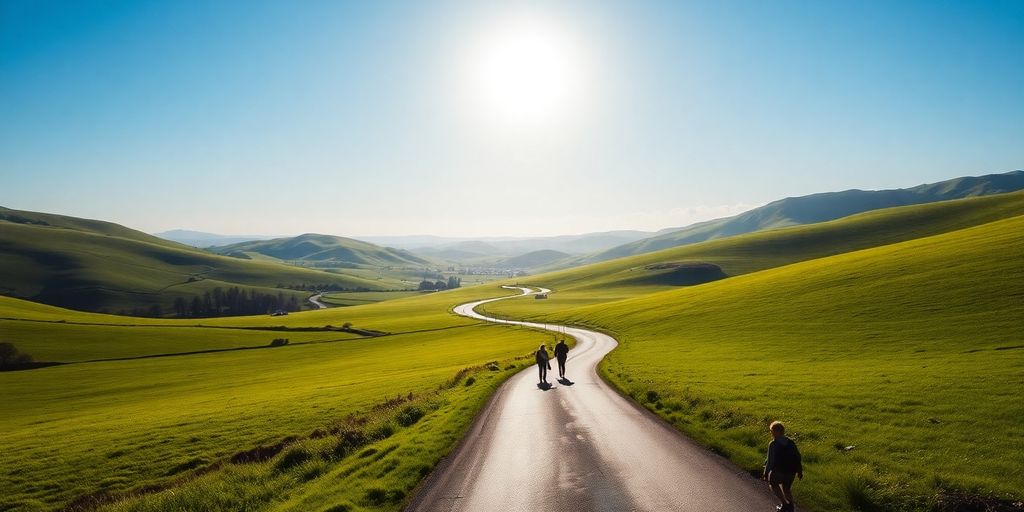 Silhouettes of travelers on a peaceful winding road.