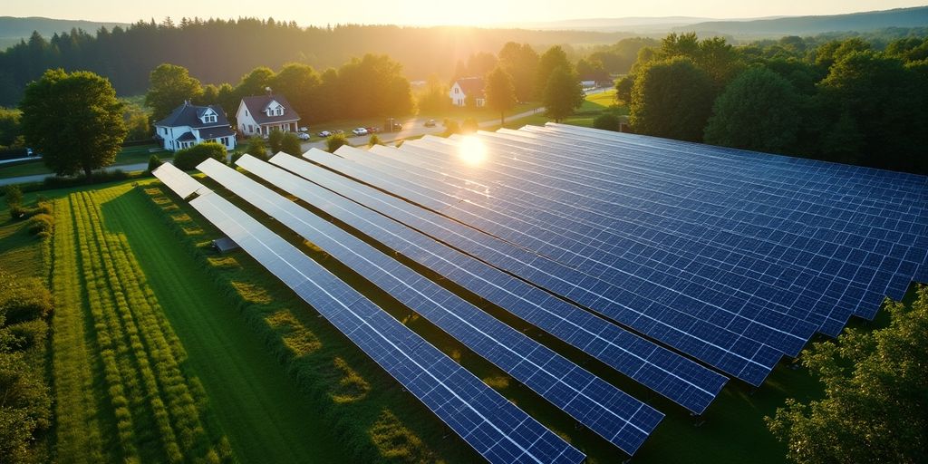 Acre of solar panels with homes in background.