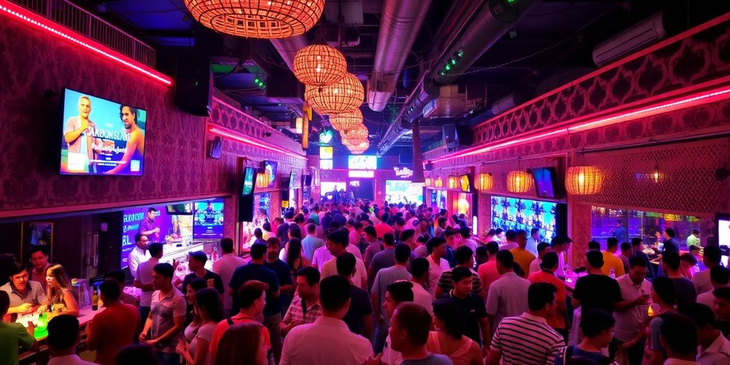Crowd enjoying drinks in Abu Dhabi nightlife.
