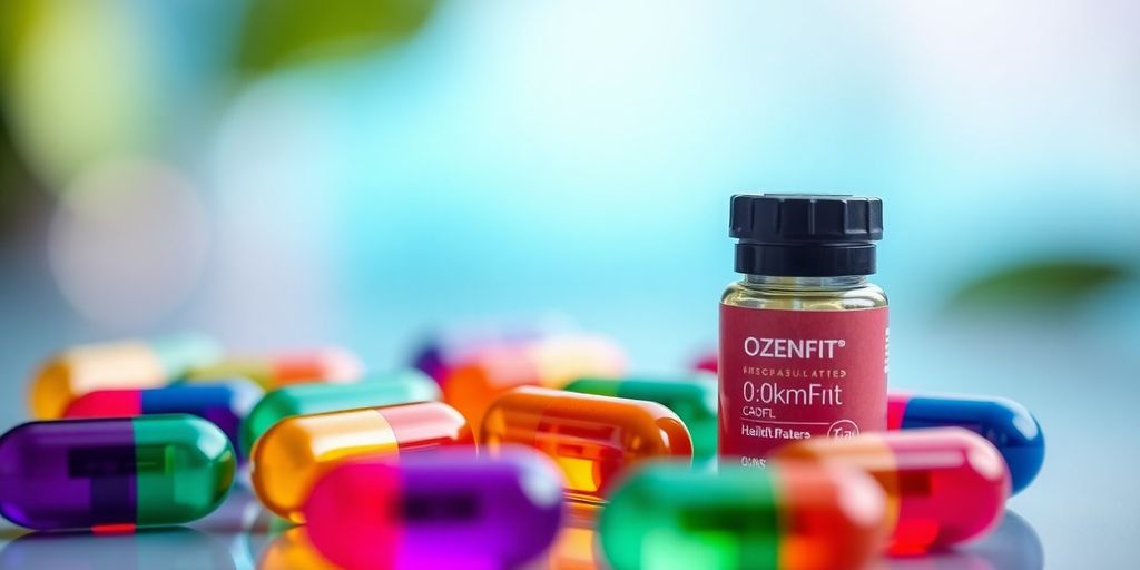 Colorful capsules scattered around a small bottle of supplements.