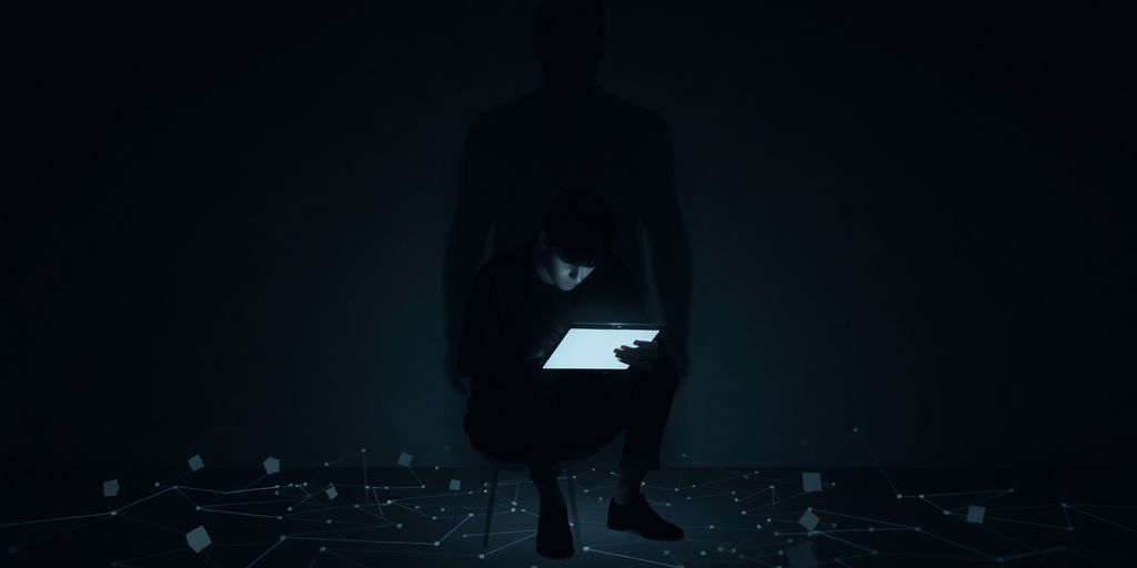 Humanoid robot figure interacting with a digital brain.