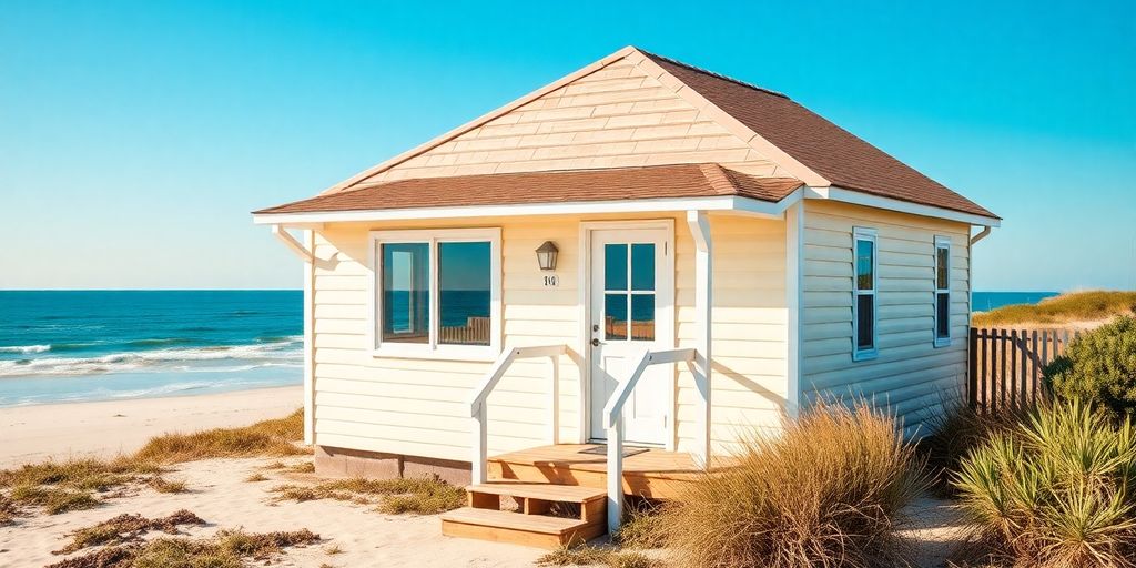 Sunny beach with a small, affordable house near the water.