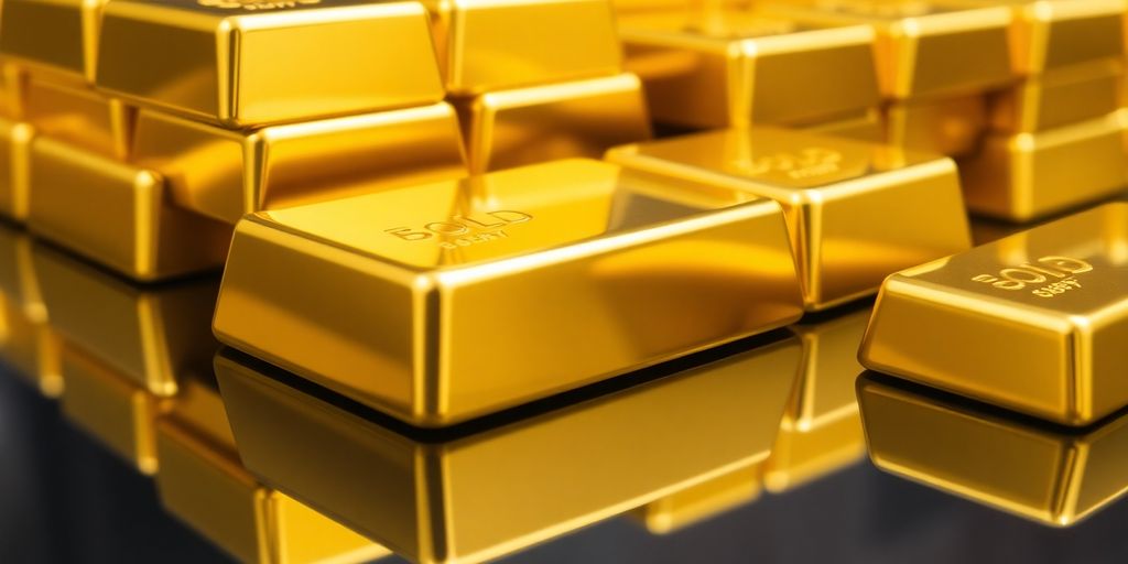Des barres d'or empilées sur une surface réfléchissante.