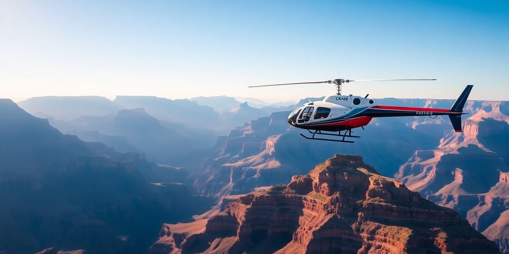 A helicopter flies over the Grand Canyon's South Rim.
