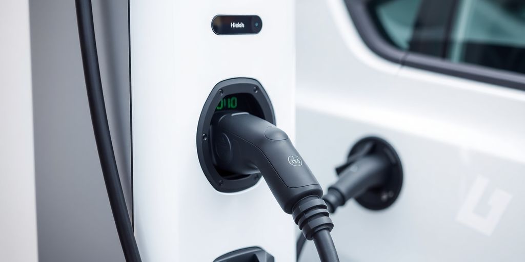 Modern electric vehicle charging station with sleek design.