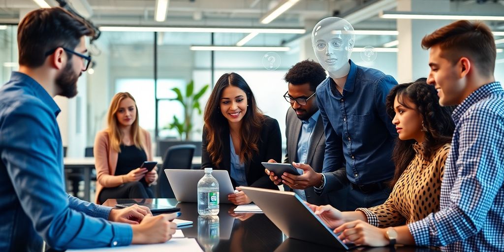 Profissionais colaborando em um ambiente de escritório moderno.