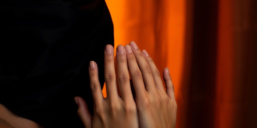 Two people blindfolded, gently touching in a sensual pose.