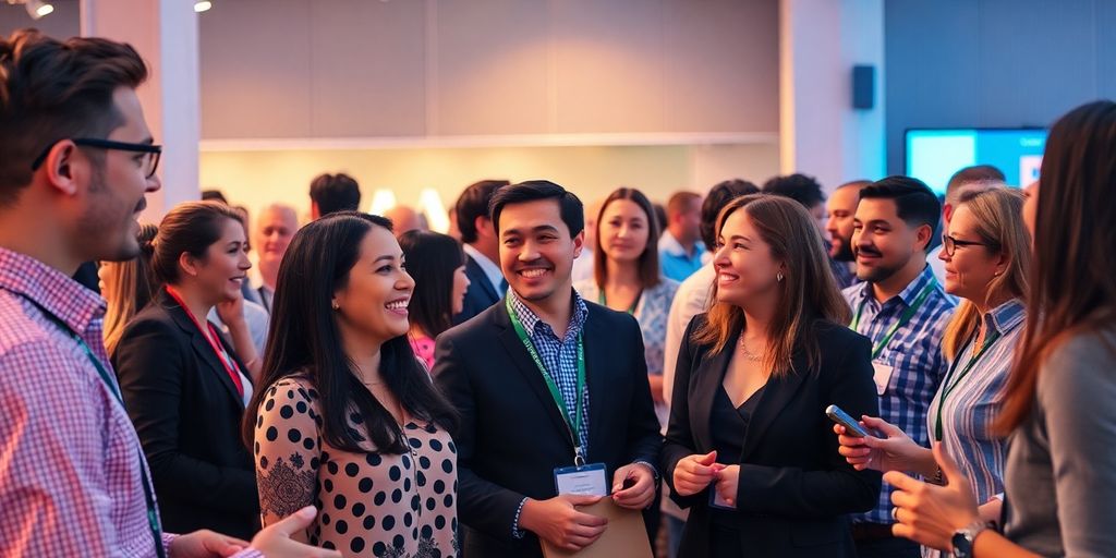 Group of professionals networking at a lively event.