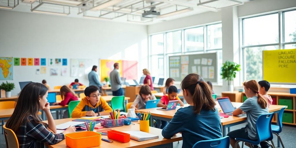 Modern classroom with students collaborating.
