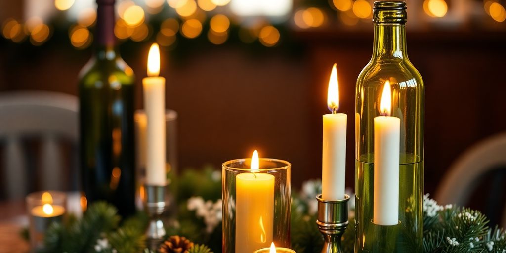 Cozy wine bottle candle holders on a festive table.