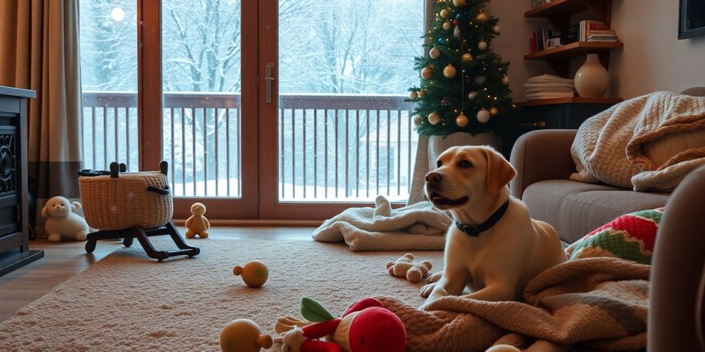 Dog playing indoors with toys by a snowy window.