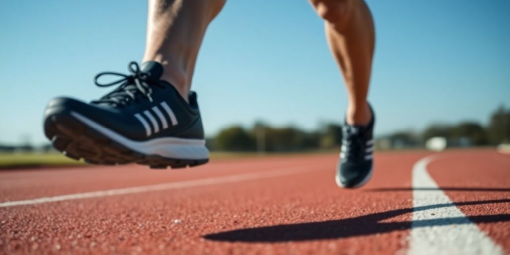 Runner's feet on a track during marathon training.