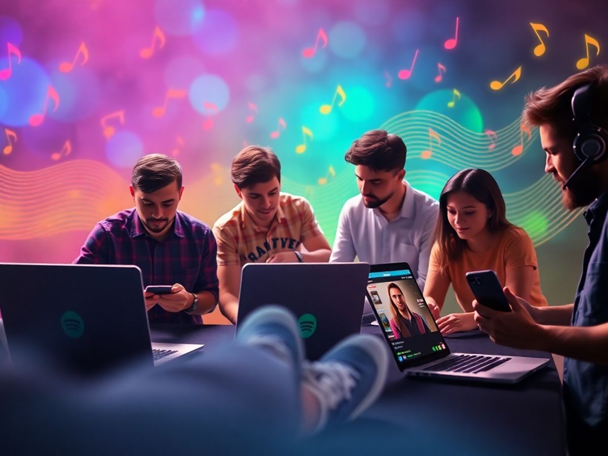 Musicians engaging with Spotify profiles and colorful music notes.