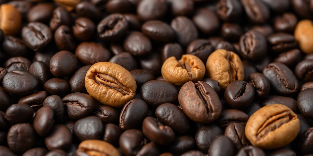 Roasted coffee beans with a few toasted nuts.
