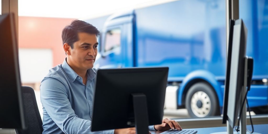 Fleet manager at a desk, truck in background.