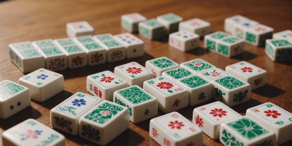 Close-up of Mahjong season tiles on a wooden table, showcasing their intricate designs and vibrant colors.