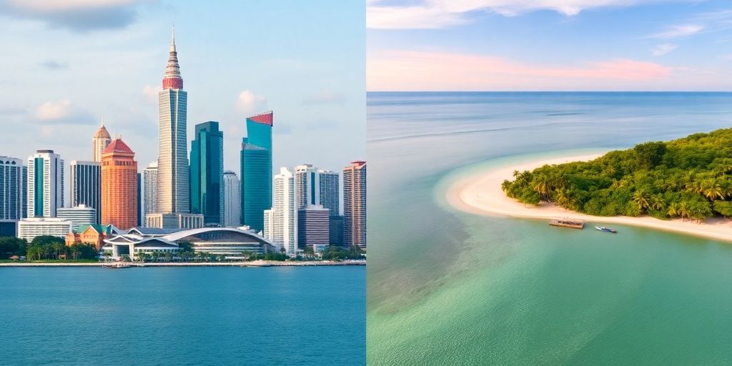 Bangkok skyline and Phuket beach view for real estate comparison.