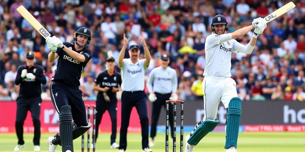Cricket action between England and New Zealand players.