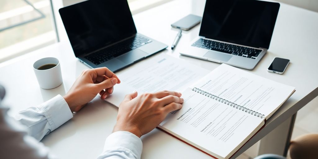 Person reviewing business documents at a desk.