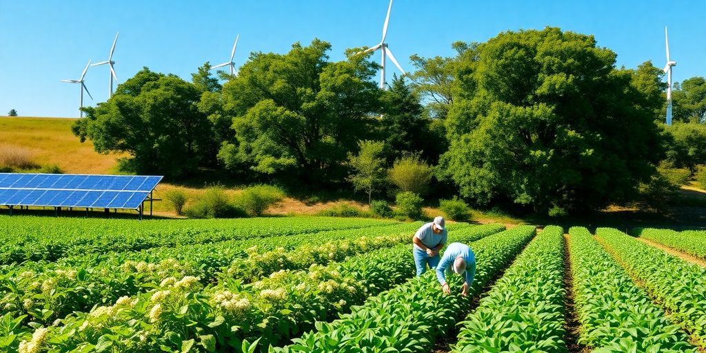 Lush green landscape with sustainable farming elements.