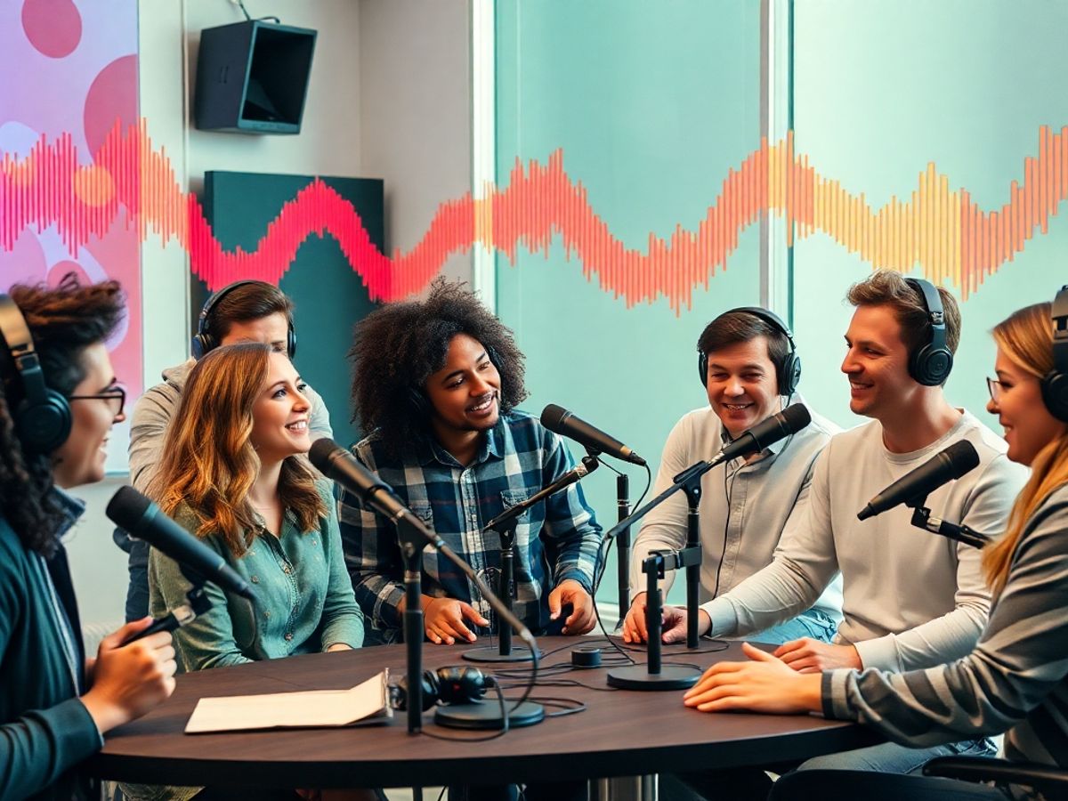 Diverse podcasters collaborating in a bright studio setting.