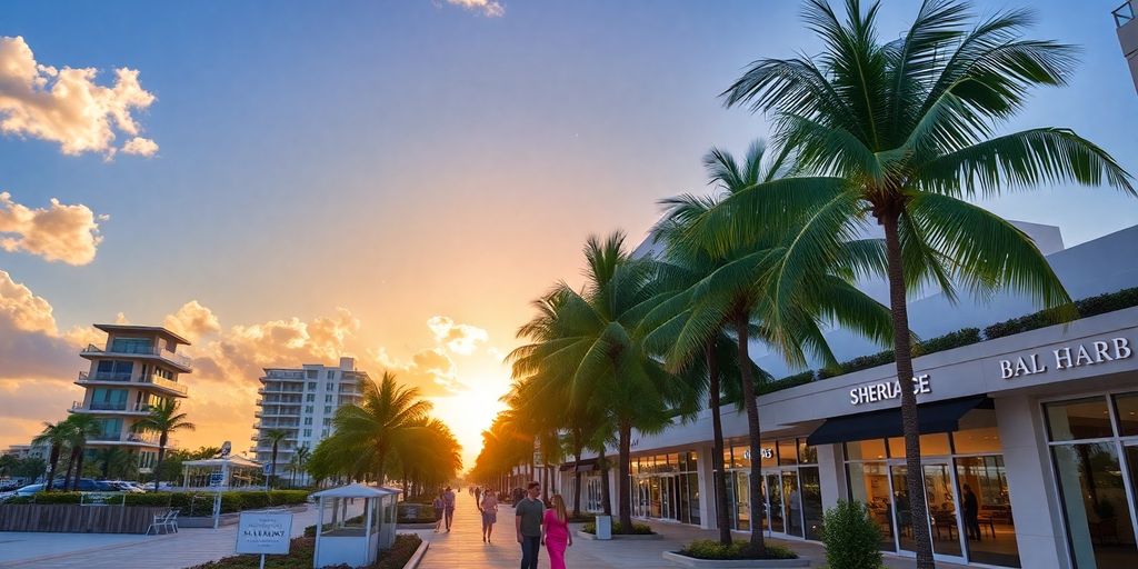 Luxurious beachfront properties and palm trees in Bal Harbour.