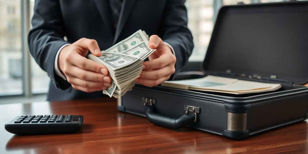 Broker's hands counting money on a desk with a briefcase.