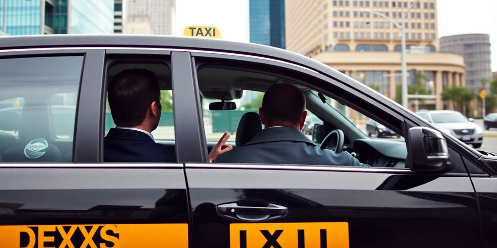 A taxi driving through a busy city street in DFW.