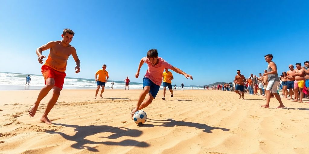 Beach soccer players in action on a sunny day.