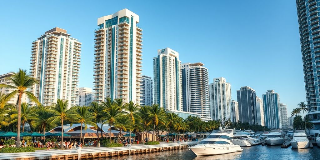 Luxury high-rises and palm trees in Brickell, Florida.