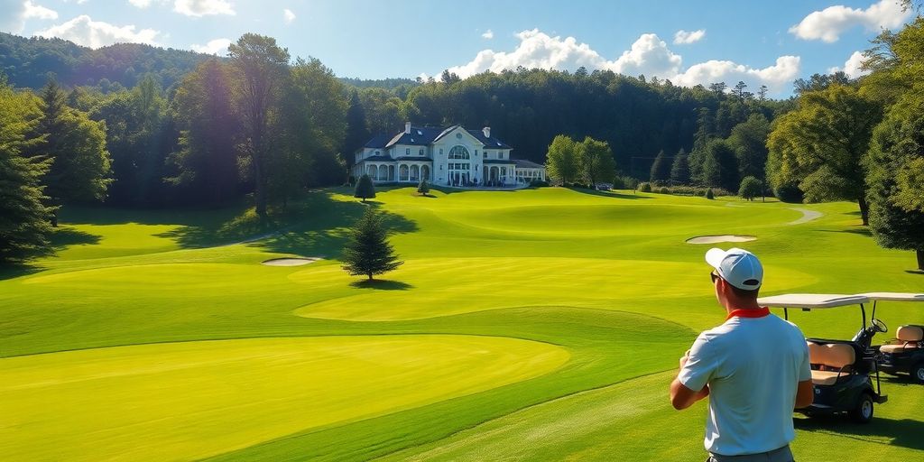 Golfer on a lush green course with scenic views.