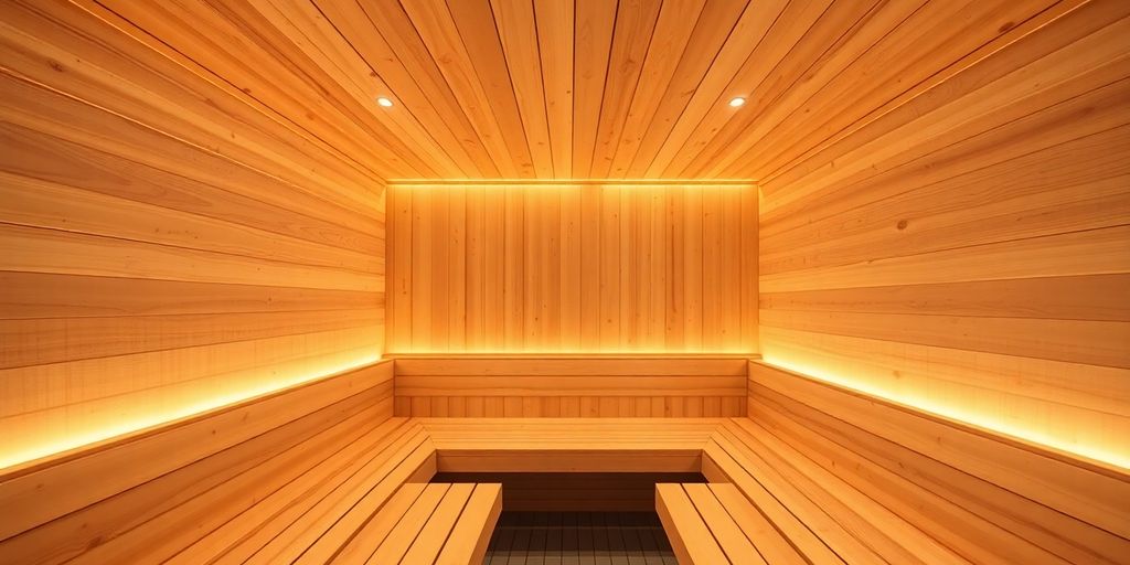 Modern sauna interior, warm light, wooden benches.