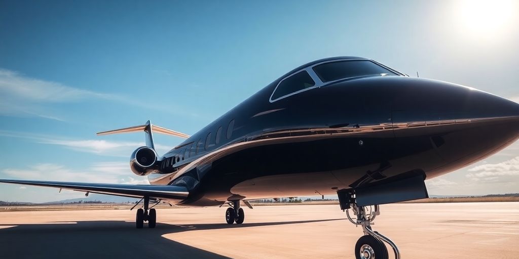 Sleek private jet parked on a tarmac.