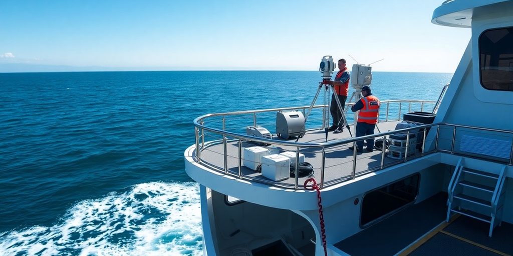 Ship conducting remote surveys on deck with technology.