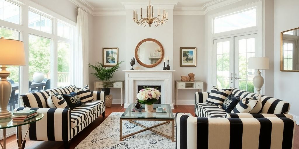 Living room with black and white striped upholstery.
