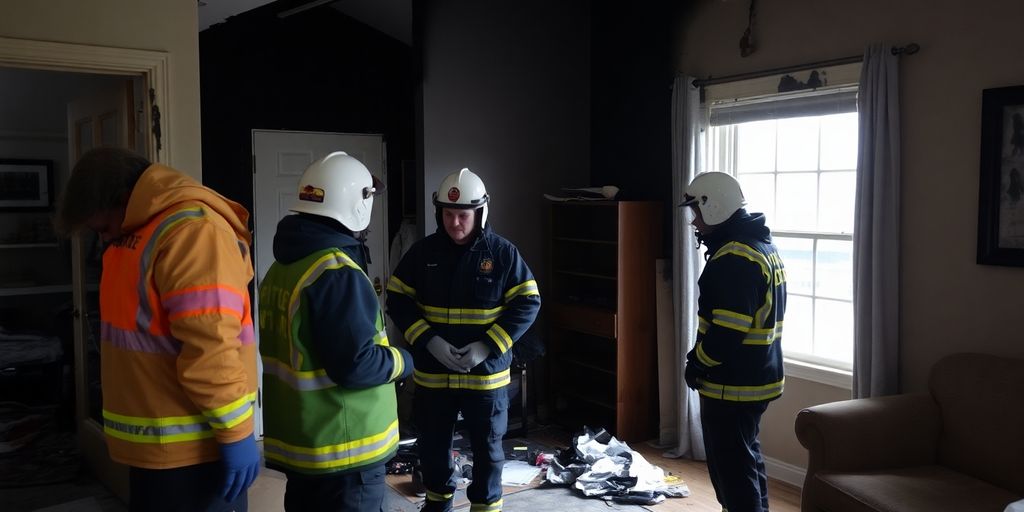 Fire damage restoration team inspecting a burned home.