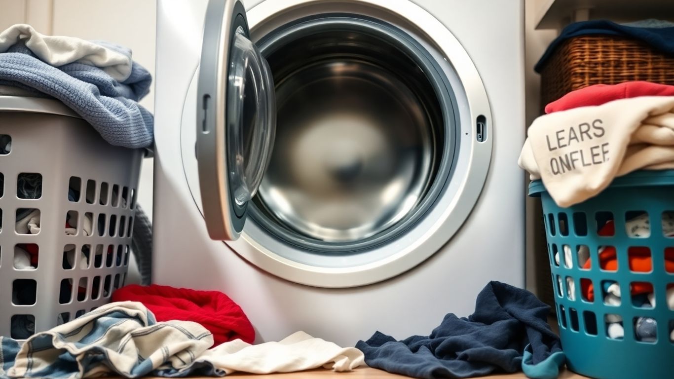 Open washer with laundry baskets and scattered clothes nearby