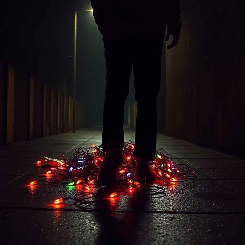 Person tripping over tangled light wires.