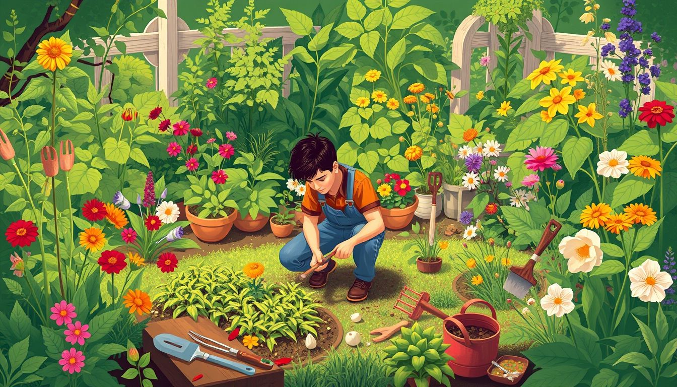 Gardener working in a lush garden with tools.