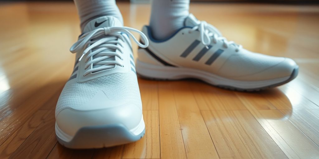 Pair of indoor soccer shoes on a clean court.